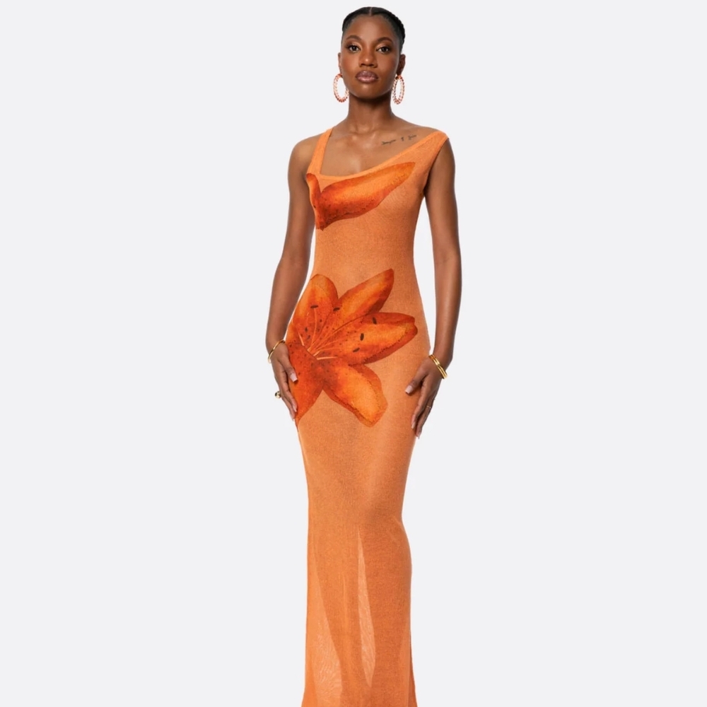 Elegant Orange Floral One-Shoulder Dress